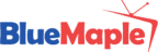 BlueMaple logo with blue and red text and a red maple leaf shaped like a TV antenna.