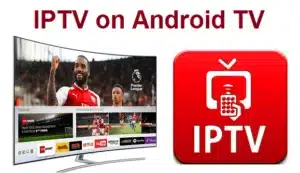 Curved TV showing soccer match beside red IPTV app icon and text 'IPTV on Android TV'